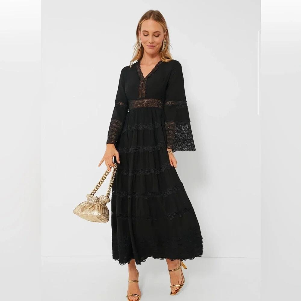HYACINTH HOUSE Lydia V-Neck Black Lace Tiered Bell Sleeve Maxi Dress Size S NWT